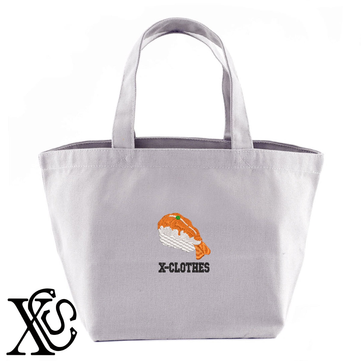 寿司エビ2柄 刺繍 キャンバス生地 ランチ ミニ トートバッグ レディース メンズ【X-CLOTHES】オリジナル グッズ 刺繍 ワンポイント 雑貨【b Black Camel】【g Natural Gray】 【9趣味料理-料理】