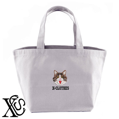 びっくりニャン2柄 刺繍 キャンバス生地 ランチ ミニ トートバッグ レディース メンズ【X-CLOTHES】オリジナル グッズ 刺繍 ワンポイント 雑貨【b Black Camel】【g Natural Gray】 【9趣味料理-笑える】