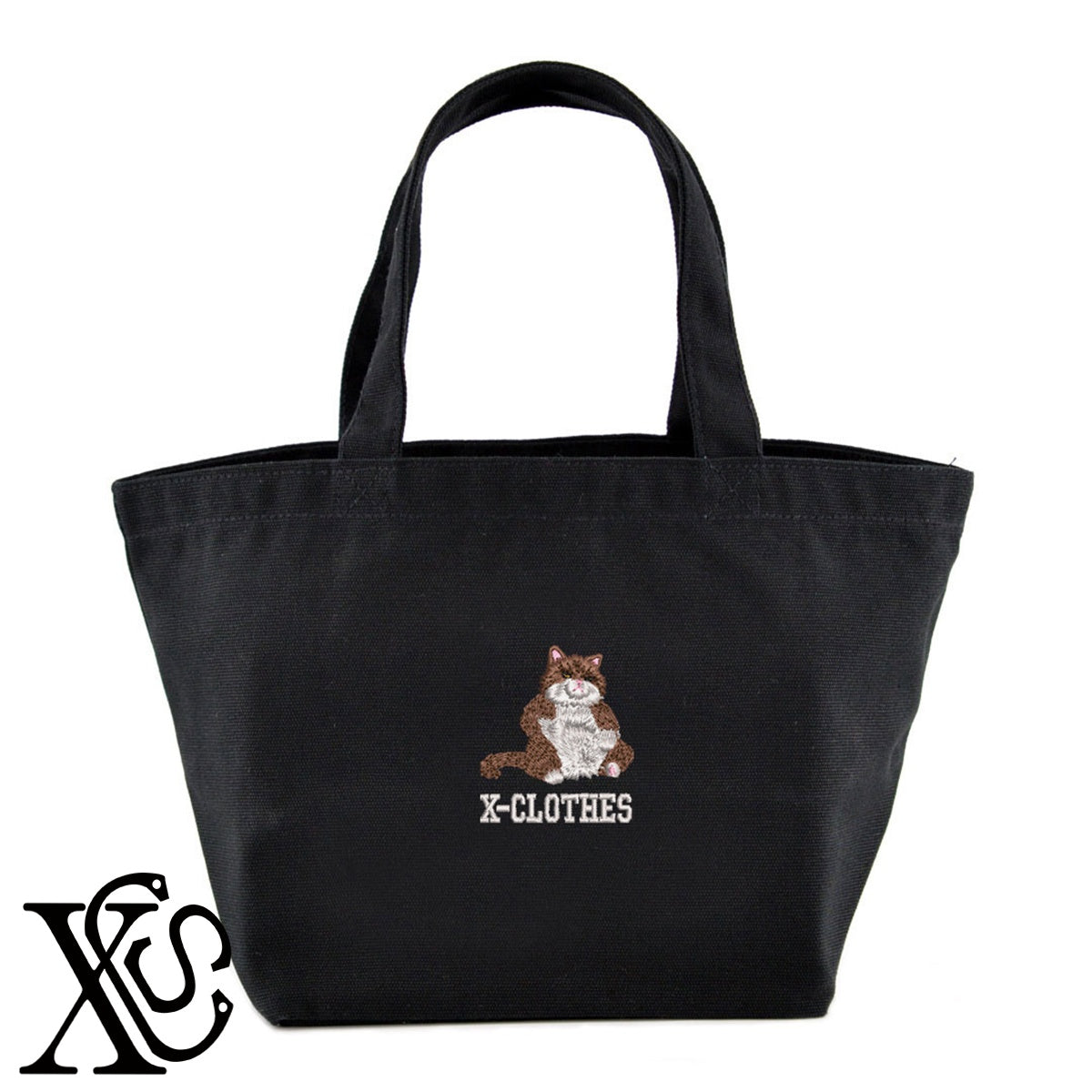 不機嫌ニャン2柄 刺繍 キャンバス生地 ランチ ミニ トートバッグ レディース メンズ【X-CLOTHES】オリジナル グッズ 刺繍 ワンポイント 雑貨【b Black Camel】【g Natural Gray】 【9趣味料理-笑える】