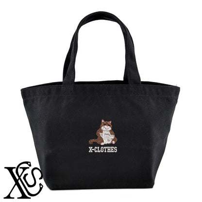 不機嫌ニャン2柄 刺繍 キャンバス生地 ランチ ミニ トートバッグ レディース メンズ【X-CLOTHES】オリジナル グッズ 刺繍 ワンポイント 雑貨【b Black Camel】【g Natural Gray】 【9趣味料理-笑える】
