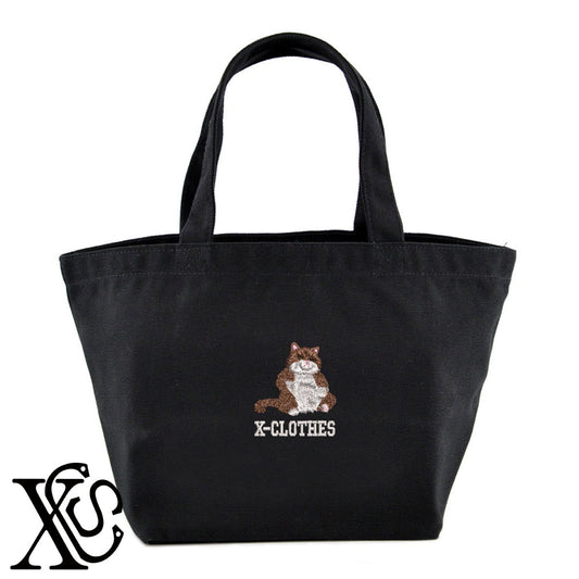 不機嫌ニャン2柄 刺繍 キャンバス生地 ランチ ミニ トートバッグ レディース メンズ【X-CLOTHES】オリジナル グッズ 刺繍 ワンポイント 雑貨【b Black Camel】【g Natural Gray】 【9趣味料理-笑える】