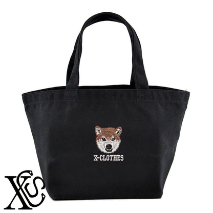 怒る柴犬2柄 刺繍 キャンバス生地 ランチ ミニ トートバッグ レディース メンズ【X-CLOTHES】オリジナル グッズ 刺繍 ワンポイント 雑貨【b Black Camel】【g Natural Gray】 【9趣味料理-笑える】