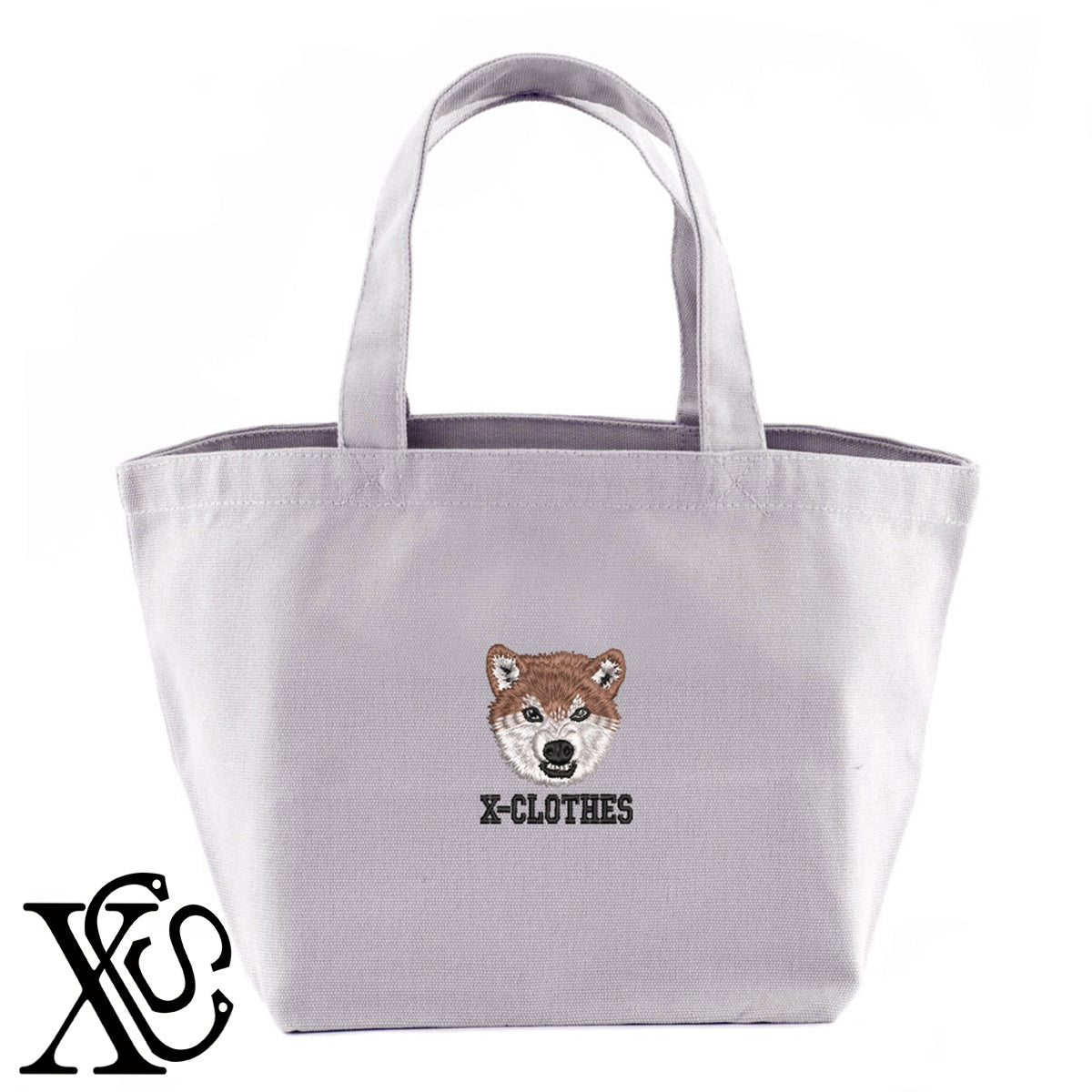 怒る柴犬2柄 刺繍 キャンバス生地 ランチ ミニ トートバッグ レディース メンズ【X-CLOTHES】オリジナル グッズ 刺繍 ワンポイント 雑貨【b Black Camel】【g Natural Gray】 【9趣味料理-笑える】