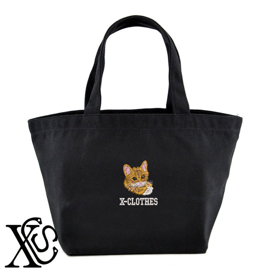 見つめる猫2柄 刺繍 キャンバス生地 ランチ ミニ トートバッグ レディース メンズ【X-CLOTHES】オリジナル グッズ 刺繍 ワンポイント 雑貨【b Black Camel】【g Natural Gray】 【9趣味料理-笑える】