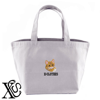 見つめる猫2柄 刺繍 キャンバス生地 ランチ ミニ トートバッグ レディース メンズ【X-CLOTHES】オリジナル グッズ 刺繍 ワンポイント 雑貨【b Black Camel】【g Natural Gray】 【9趣味料理-笑える】