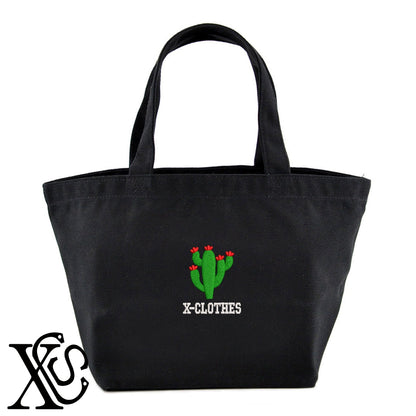 サボテン2柄 刺繍 キャンバス生地 ランチ ミニ トートバッグ レディース メンズ【X-CLOTHES】オリジナル グッズ 刺繍 ワンポイント 雑貨【b Black Camel】【g Natural Gray】 【9趣味料理-花】