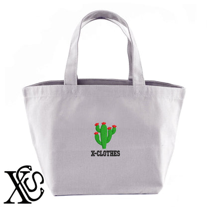 サボテン2柄 刺繍 キャンバス生地 ランチ ミニ トートバッグ レディース メンズ【X-CLOTHES】オリジナル グッズ 刺繍 ワンポイント 雑貨【b Black Camel】【g Natural Gray】 【9趣味料理-花】