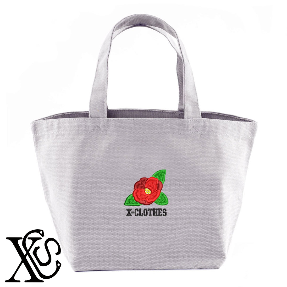 椿2柄 刺繍 キャンバス生地 ランチ ミニ トートバッグ レディース メンズ【X-CLOTHES】オリジナル グッズ 刺繍 ワンポイント 雑貨【b Black Camel】【g Natural Gray】 【9趣味料理-花】