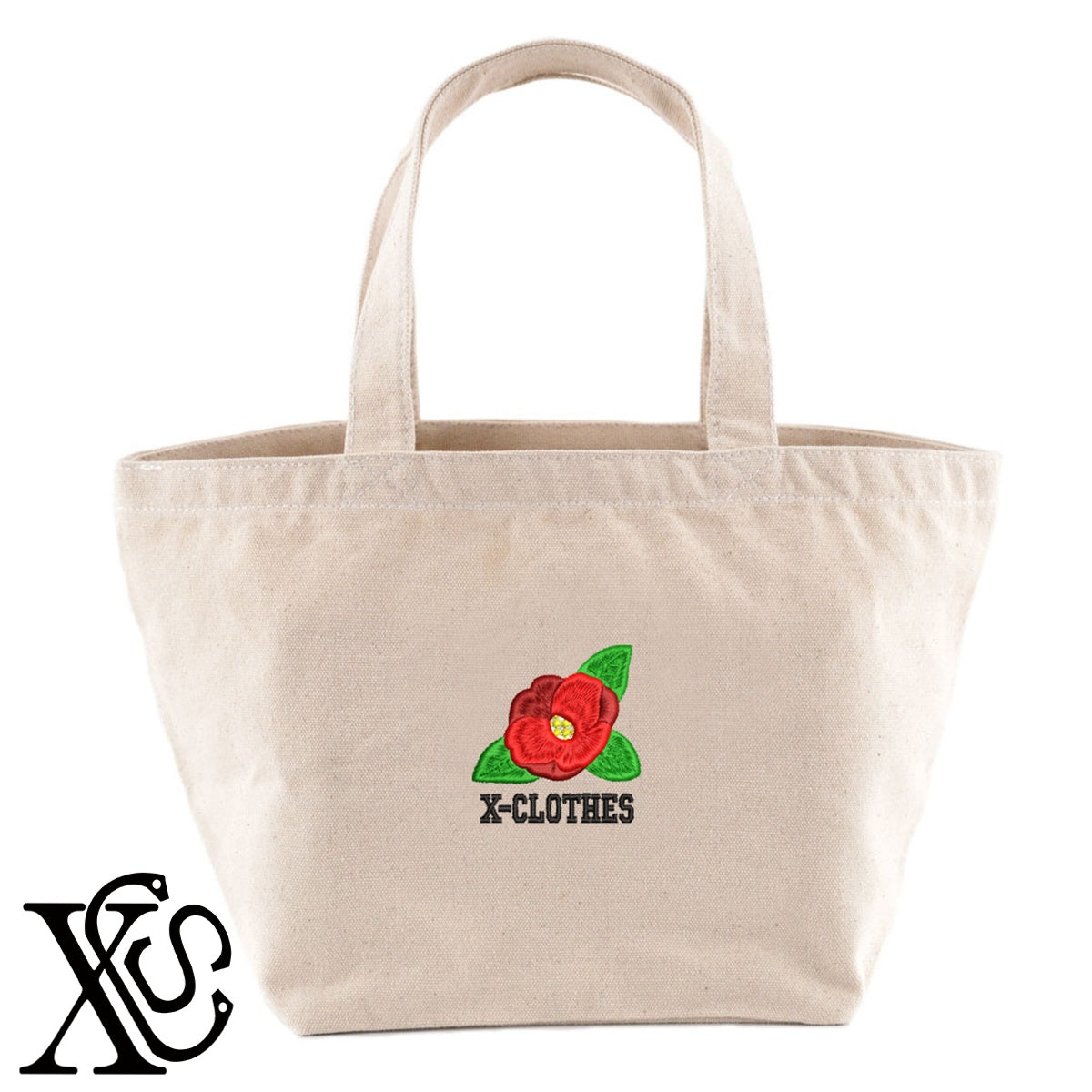 椿2柄 刺繍 キャンバス生地 ランチ ミニ トートバッグ レディース メンズ【X-CLOTHES】オリジナル グッズ 刺繍 ワンポイント 雑貨【b Black Camel】【g Natural Gray】 【9趣味料理-花】