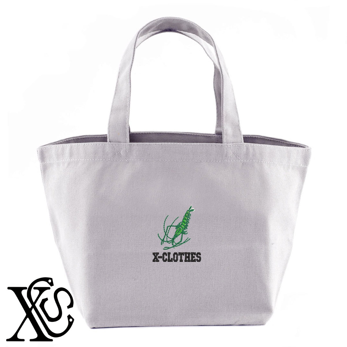 海老2柄 刺繍 キャンバス生地 ランチ ミニ トートバッグ レディース メンズ【X-CLOTHES】オリジナル グッズ 刺繍 ワンポイント 雑貨【b Black Camel】【g Natural Gray】 【9趣味料理-観賞魚】