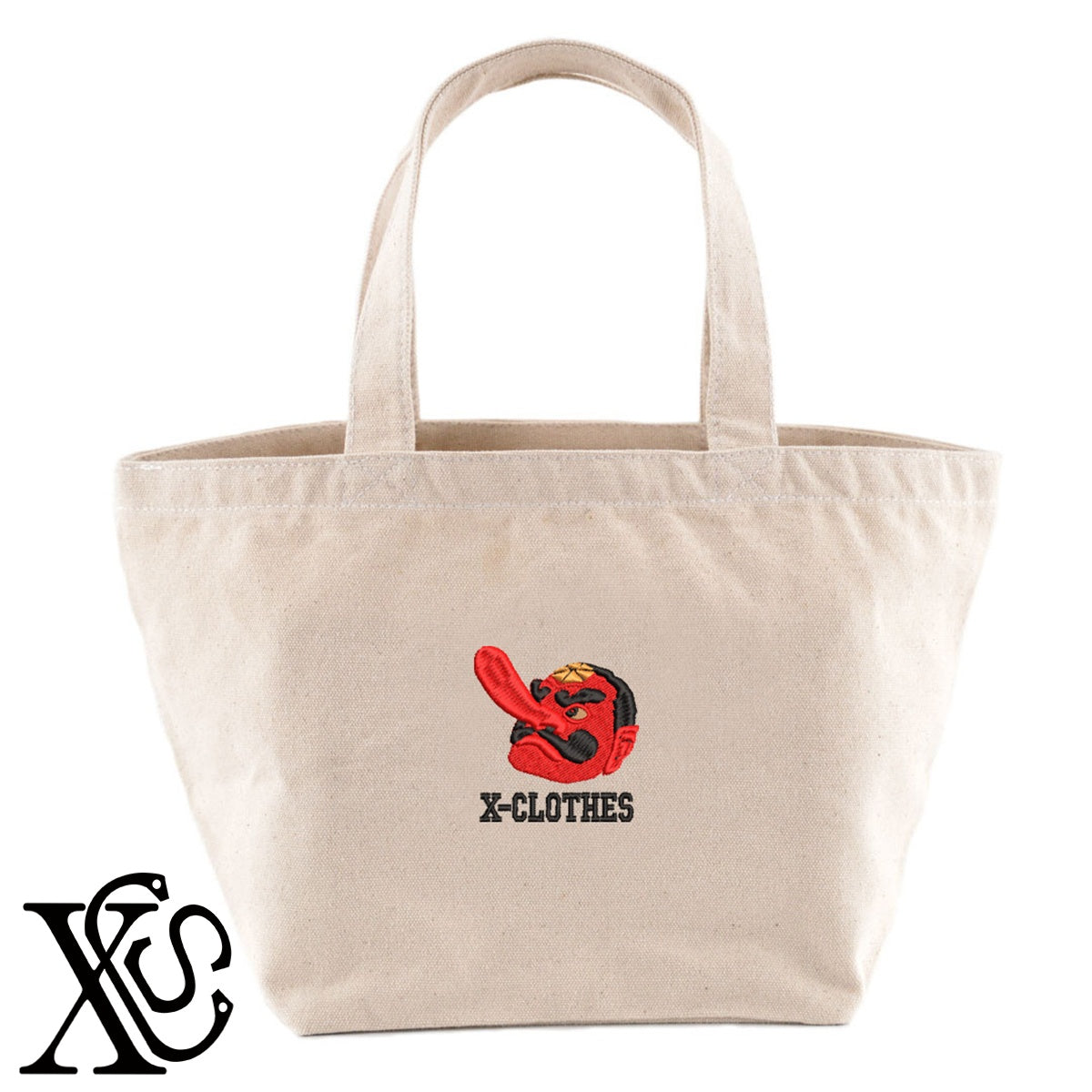 天狗2柄 刺繍 キャンバス生地 ランチ ミニ トートバッグ レディース メンズ【X-CLOTHES】オリジナル グッズ 刺繍 ワンポイント 雑貨【b Black Camel】【g Natural Gray】 【9趣味料理-面白】