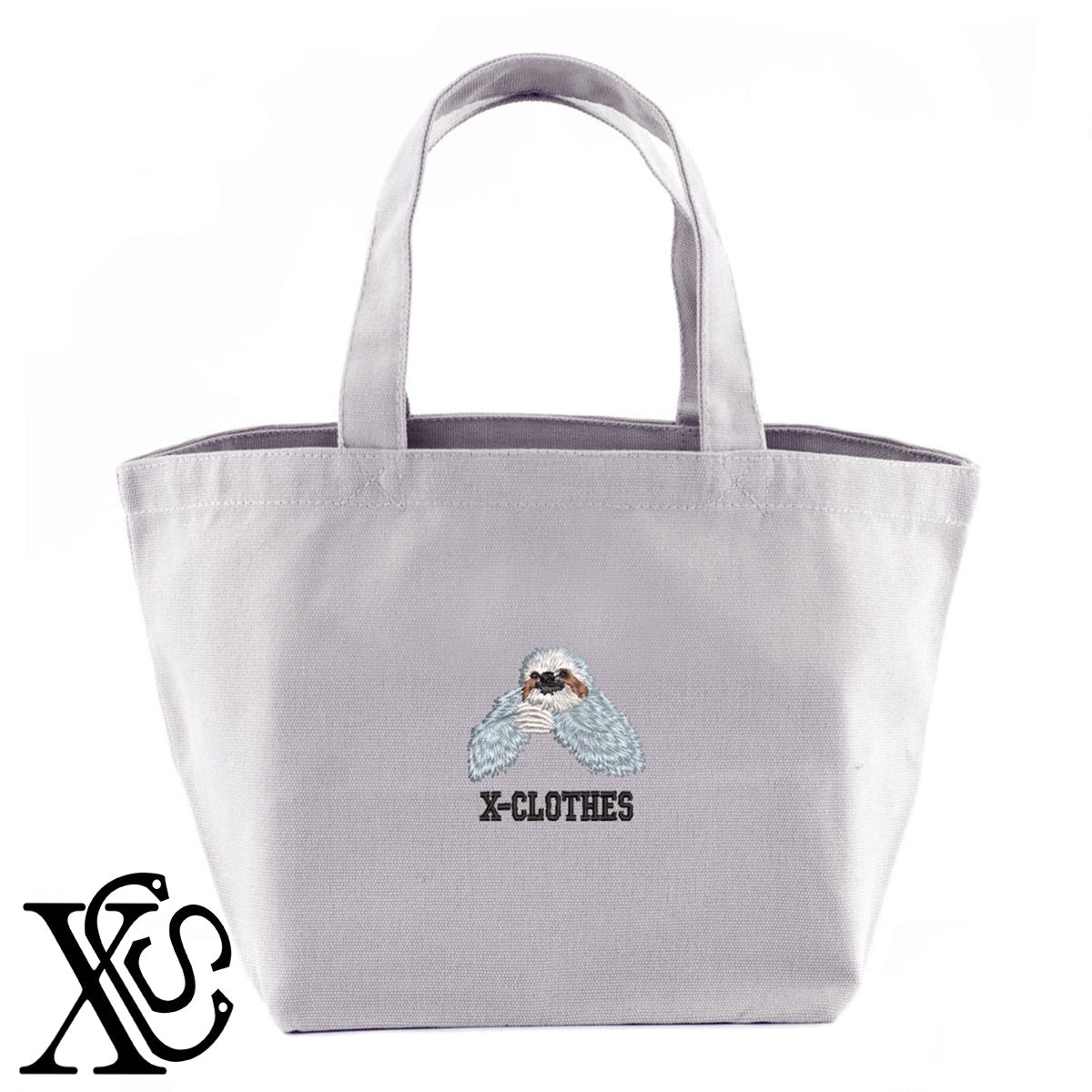 祈りナマケモノ3柄 刺繍 キャンバス生地 ランチ ミニ トートバッグ レディース メンズ【X-CLOTHES】オリジナル グッズ 刺繍 ワンポイント 雑貨【b Black Camel】【g Natural Gray】 【9趣味料理-面白】