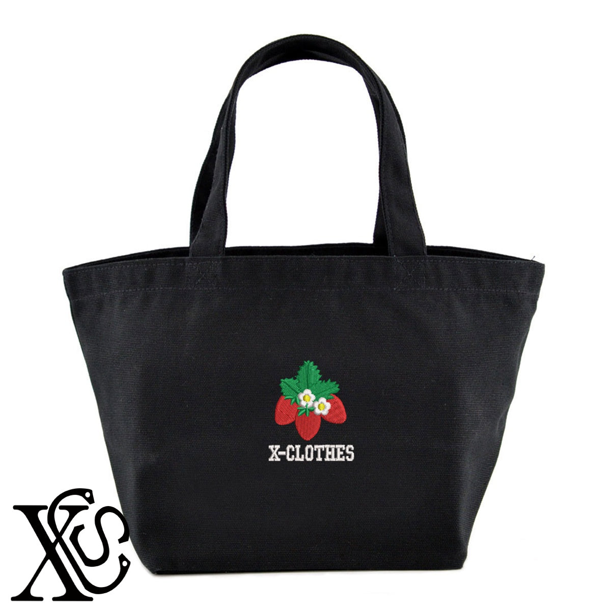 イチゴ2柄 刺繍 キャンバス生地 ランチ ミニ トートバッグ レディース メンズ【X-CLOTHES】オリジナル グッズ 刺繍 ワンポイント 雑貨【b Black Camel】【g Natural Gray】 【9趣味料理-食べ物】