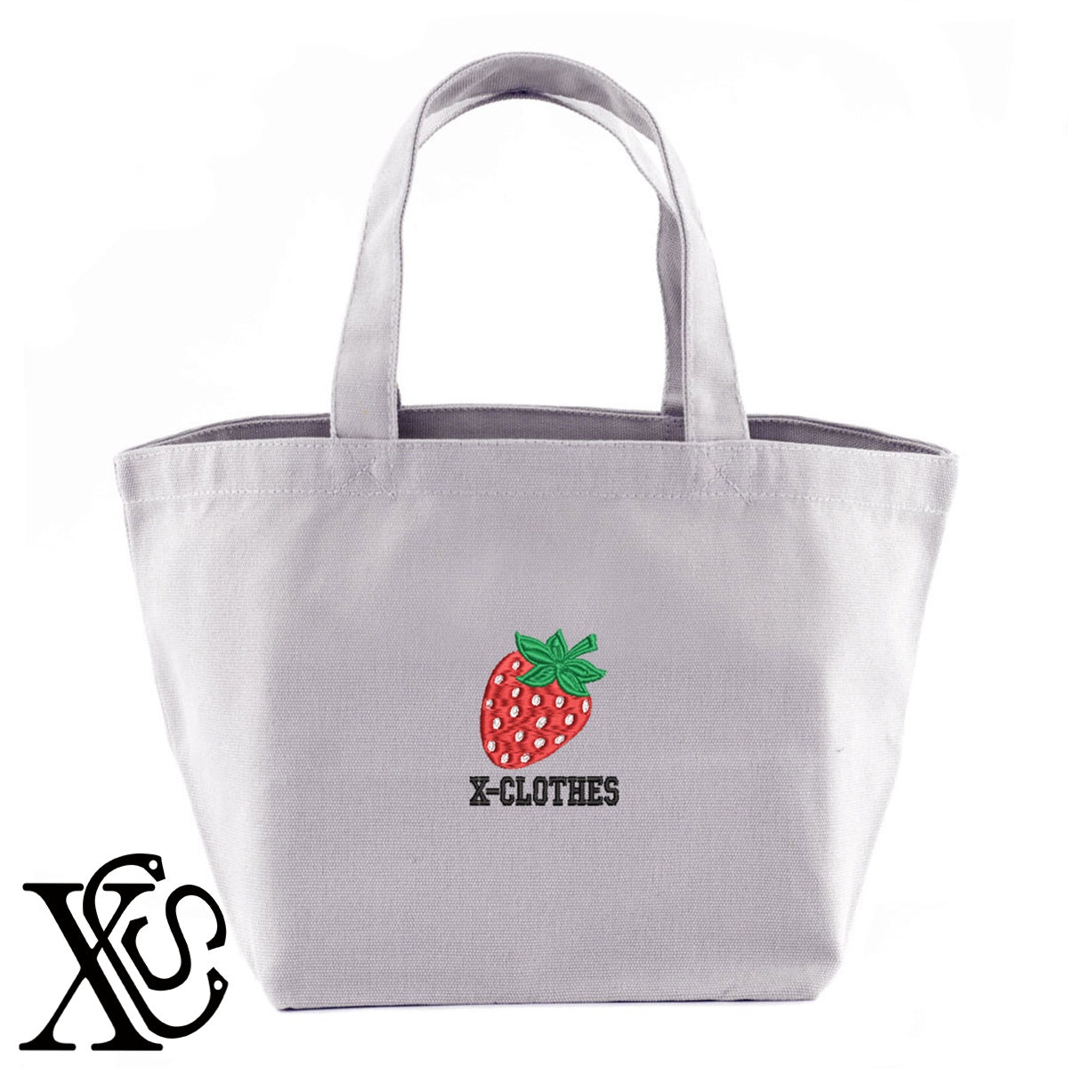 イチゴ3柄 刺繍 キャンバス生地 ランチ ミニ トートバッグ レディース メンズ【X-CLOTHES】オリジナル グッズ 刺繍 ワンポイント 雑貨【b Black Camel】【g Natural Gray】 【9趣味料理-食べ物】