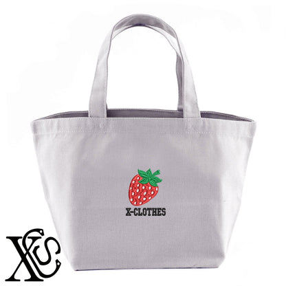 イチゴ3柄 刺繍 キャンバス生地 ランチ ミニ トートバッグ レディース メンズ【X-CLOTHES】オリジナル グッズ 刺繍 ワンポイント 雑貨【b Black Camel】【g Natural Gray】 【9趣味料理-食べ物】