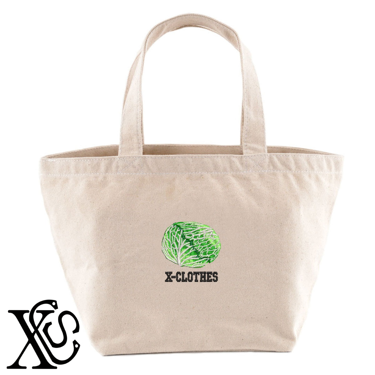 キャベツ2柄 刺繍 キャンバス生地 ランチ ミニ トートバッグ レディース メンズ【X-CLOTHES】オリジナル グッズ 刺繍 ワンポイント 雑貨【b Black Camel】【g Natural Gray】 【9趣味料理-食べ物】