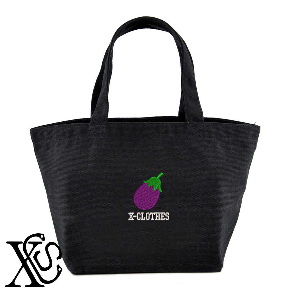 ナス2柄 刺繍 キャンバス生地 ランチ ミニ トートバッグ レディース メンズ【X-CLOTHES】オリジナル グッズ 刺繍 ワンポイント 雑貨【b Black Camel】【g Natural Gray】 【9趣味料理-食べ物】
