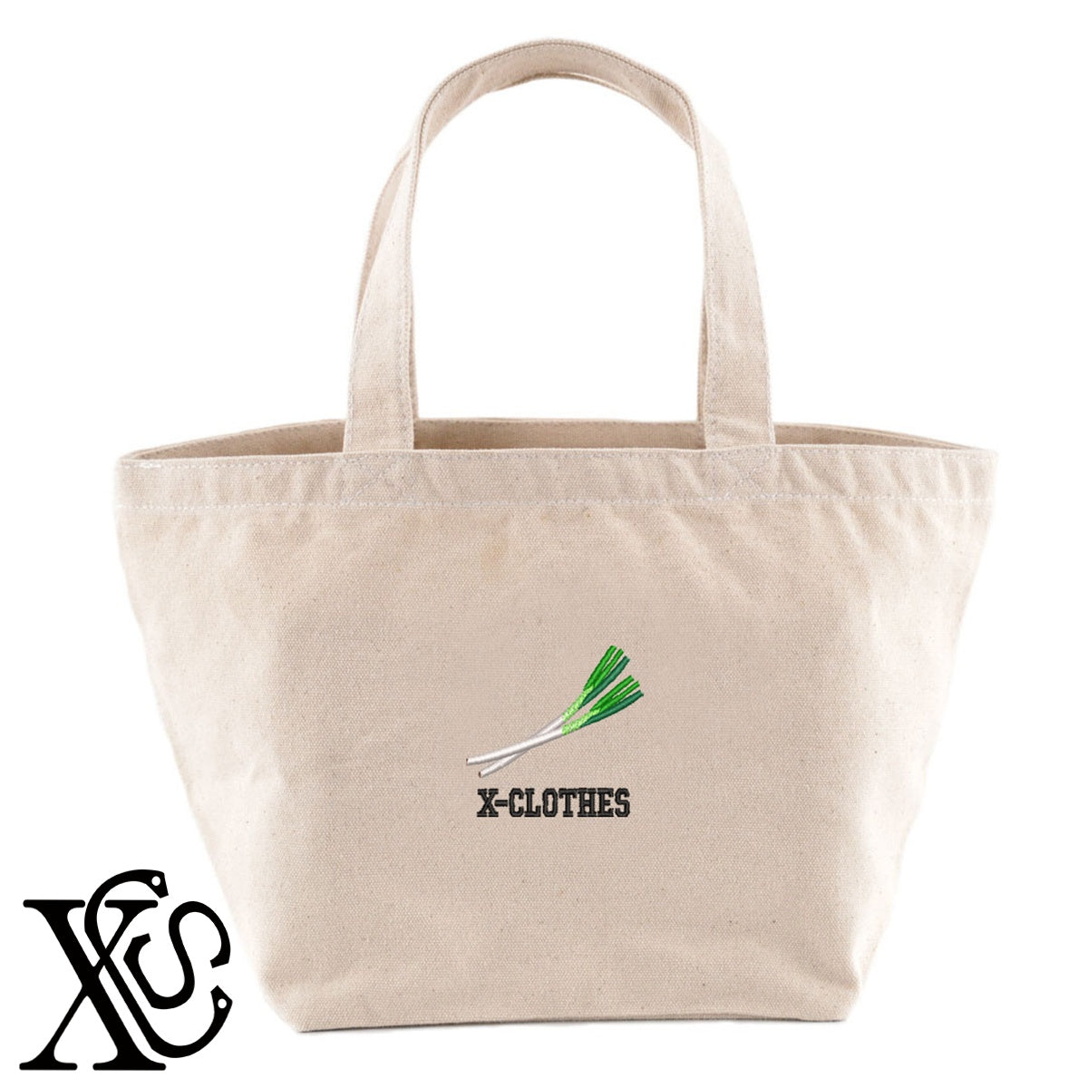ネギ2柄 刺繍 キャンバス生地 ランチ ミニ トートバッグ レディース メンズ【X-CLOTHES】オリジナル グッズ 刺繍 ワンポイント 雑貨【b Black Camel】【g Natural Gray】 【9趣味料理-食べ物】