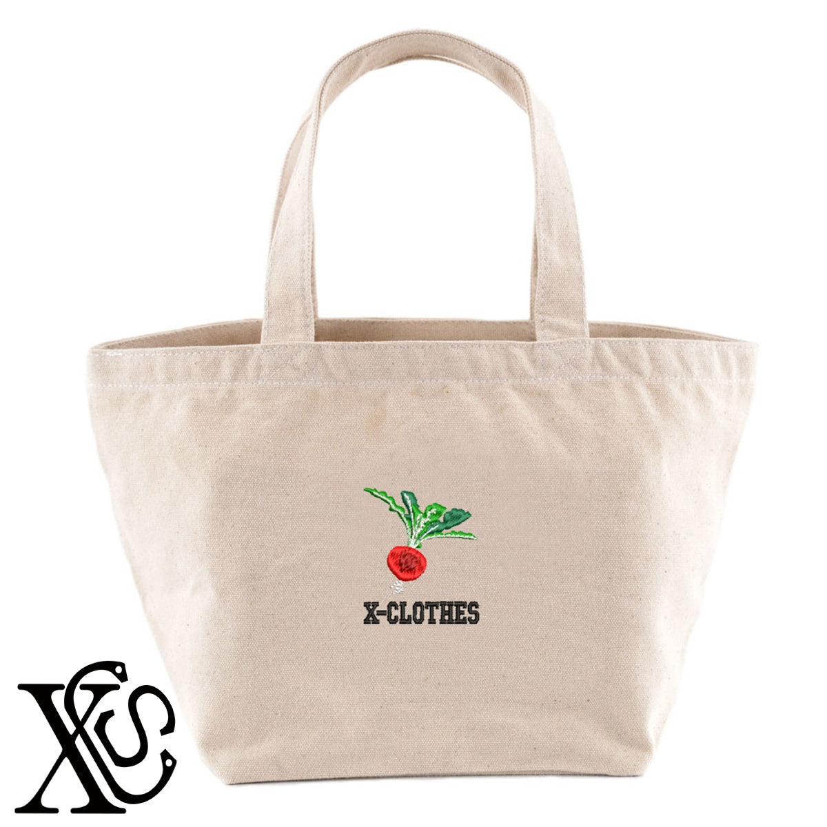 赤カブ2柄 刺繍 キャンバス生地 ランチ ミニ トートバッグ レディース メンズ【X-CLOTHES】オリジナル グッズ 刺繍 ワンポイント 雑貨【b Black Camel】【g Natural Gray】 【9趣味料理-食べ物】