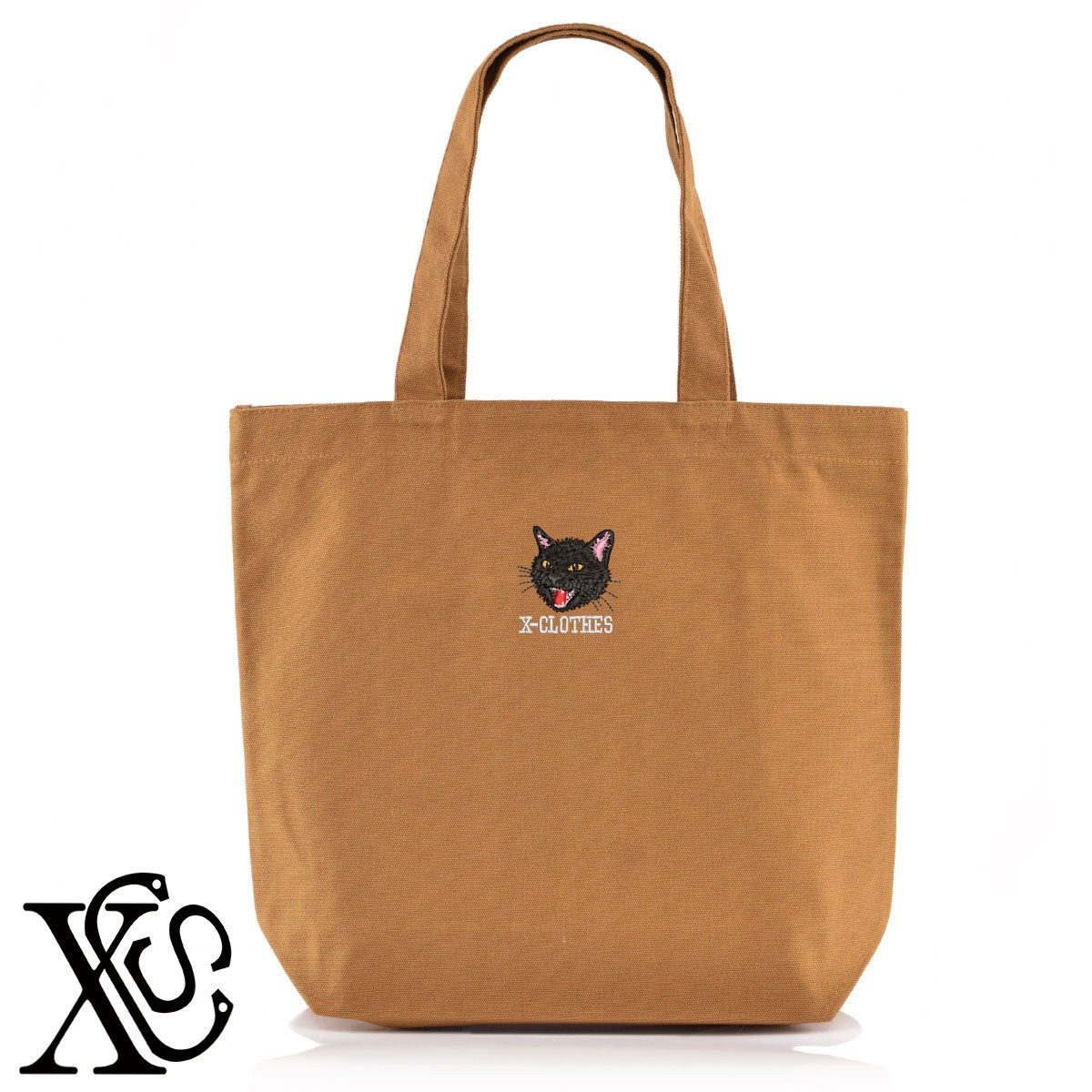 シャー黒猫3柄 刺繍 キャンバス生地 A4 内ポケットあり トートバッグ メンズ レディース【X-CLOTHES】オリジナル グッズ 刺繍 ワンポイント 雑貨【b Black Camel】【g Natural Gray】 【10犬猫図鑑-猫図鑑-A】