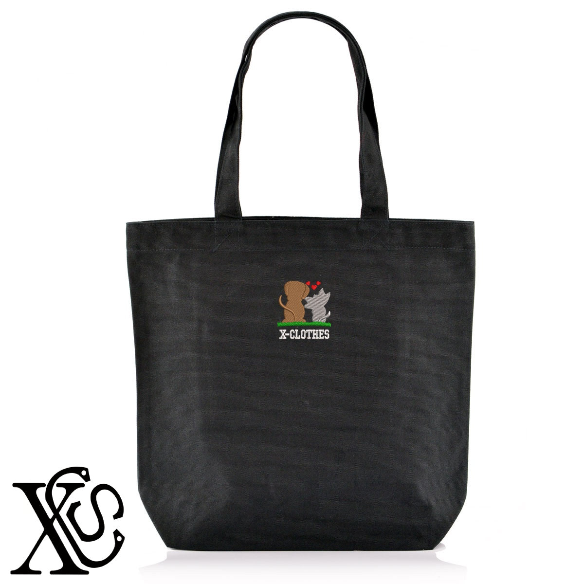 ラブ犬と猫2柄 刺繍 キャンバス生地 A4 内ポケットあり トートバッグ メンズ レディース【X-CLOTHES】オリジナル グッズ 刺繍 ワンポイント 雑貨【b Black Camel】【g Natural Gray】 【2植物ロゴ-キャラクター】
