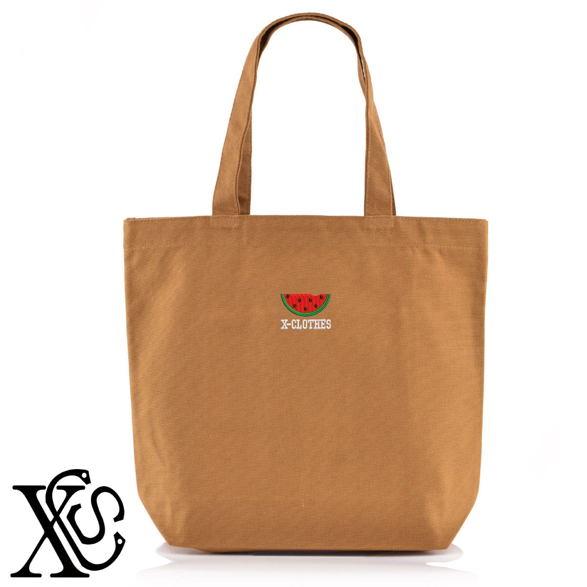 スイカ2柄 刺繍 キャンバス生地 A4 内ポケットあり トートバッグ メンズ レディース【X-CLOTHES】オリジナル グッズ 刺繍 ワンポイント 雑貨【b Black Camel】【g Natural Gray】 【2植物ロゴ-果物】