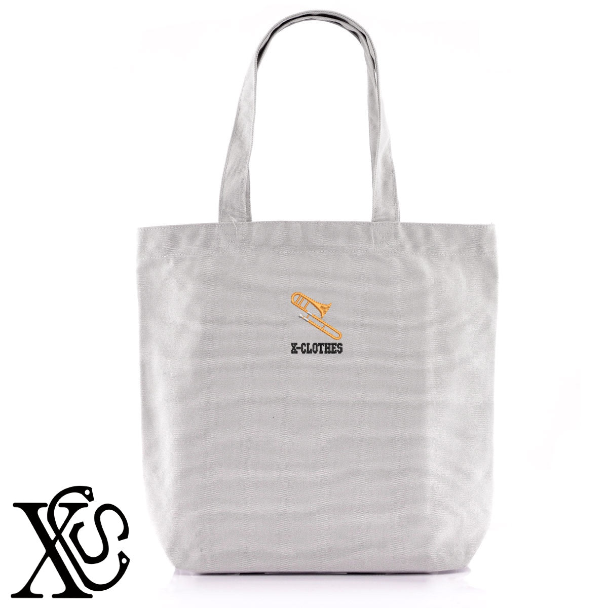 トロンボーン2柄 刺繍 キャンバス生地 A4 内ポケットあり トートバッグ メンズ レディース【X-CLOTHES】オリジナル グッズ 刺繍 ワンポイント 雑貨【b Black Camel】【g Natural Gray】 【8競技音楽-音楽】
